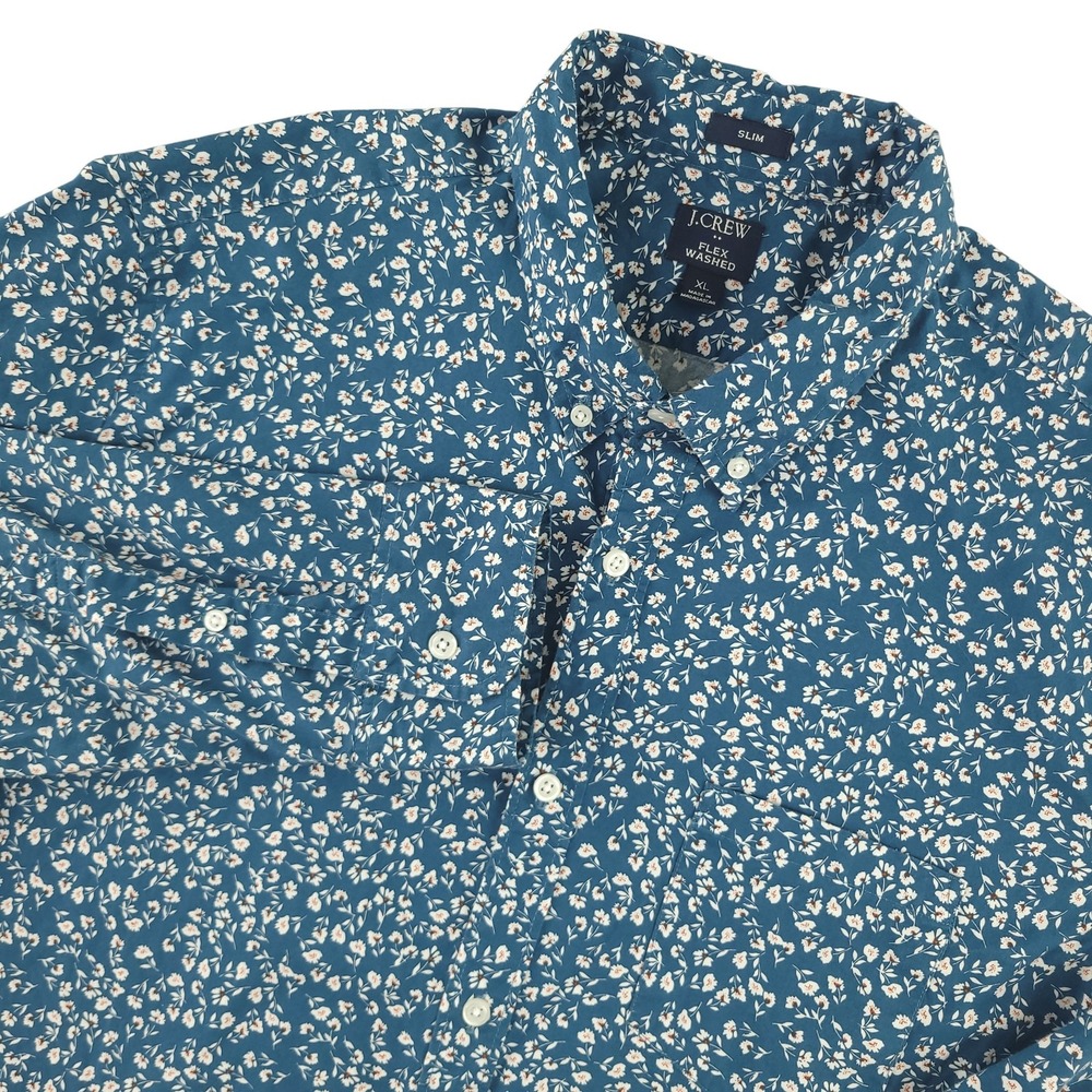 J.Crew Flex Washed Shirt Mens XL Blue Floral Long Sleeve Button Down Slim Casual